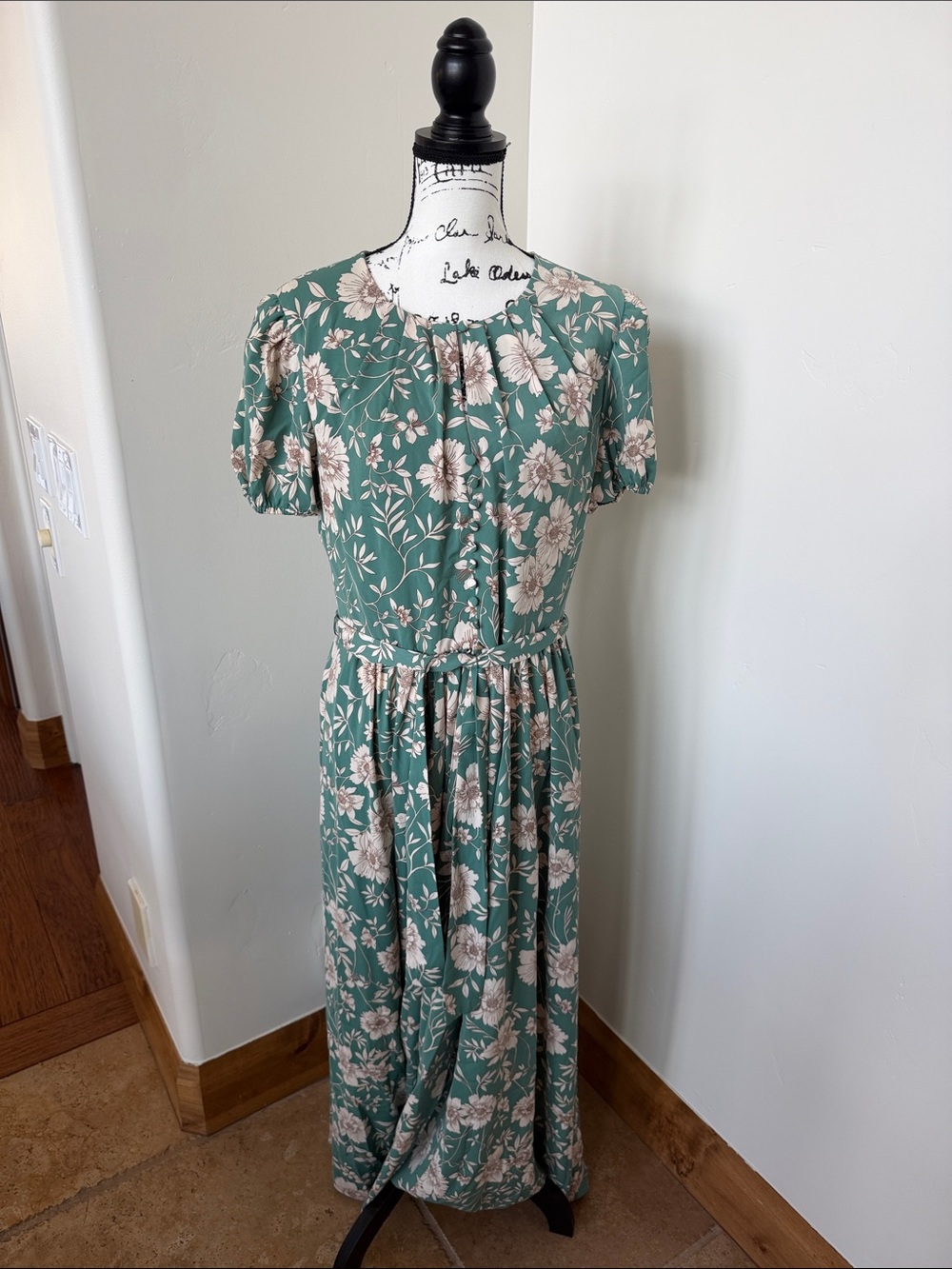 Anthropologie Sage Green Floral Maxi Dress with Cream Blooms